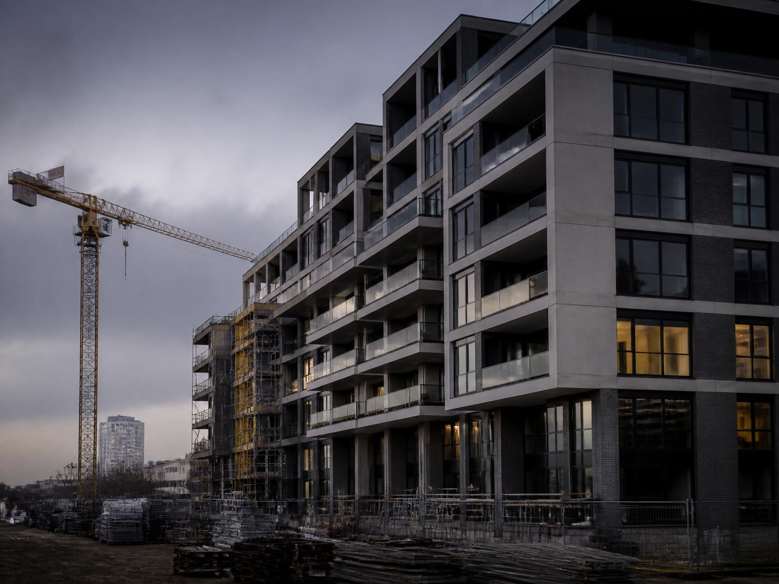 Bouwproject met kraan en gevel in opbouw tijdens de schemering
